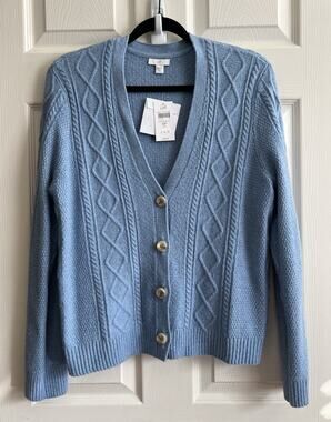 J JILL Porcelain Blue Cable Knit V-Neck Grandpa Sweater Cardigan Sz MP NWT